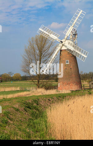The leaning drainage mill at Hardley Dyke in the Broads National Park in Norfolk, England Stock Photo