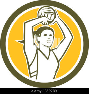 Illustration of a netball player shooting ball set inside circle on isolated background done in retro style. Stock Photo