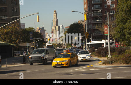 Looking down Flatbush Ave from Grand Army Plaza with the landmark Williamsburg Savings Bank Building in the background. Brooklyn Stock Photo
