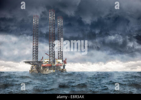 Oil Rig at sea during a storm.