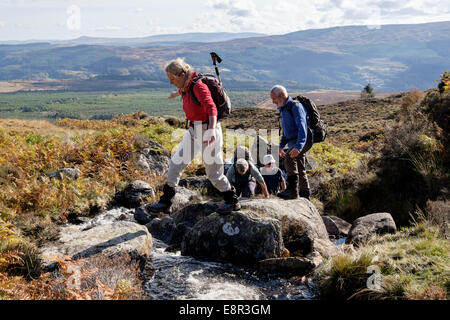 A woman hiker stepping between rocks crossing a mountain stream on slopes of Moel Siabod in Snowdonia National Park (Eryri) Wales UK Stock Photo