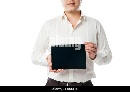 Business man holding tablet PC with black screen Stock Photo