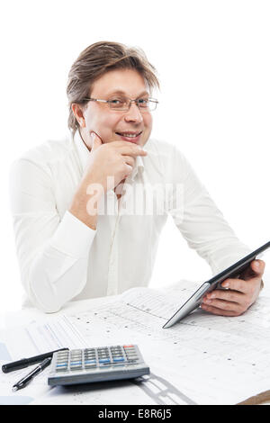 Businessman using tablet PC in office isolated Stock Photo