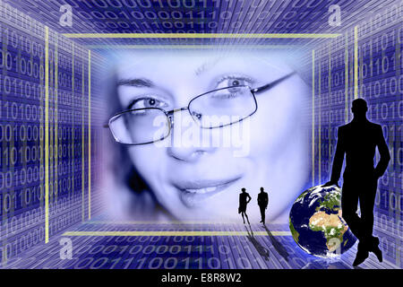 Technological illustration with a pretty young woman in a digital binary code frame Stock Photo
