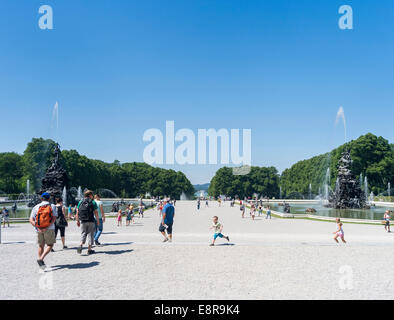 Herrenchiemsee Palace, located on an island in lake Chiemsee, water games and the fama and fortuna fountain, Bavaria, Germany. Stock Photo