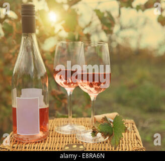 Two glasses and bottle of the rose wine in autumn vineyard. Harvest time Stock Photo