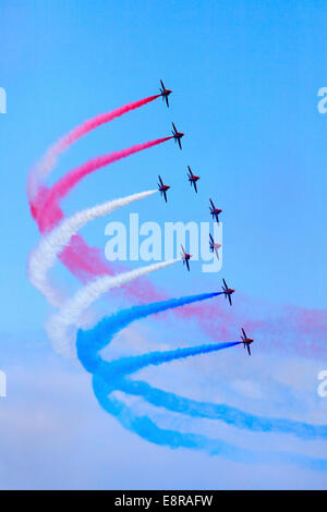 The Red Arrows captured over Falmouth in late May 2014 Stock Photo