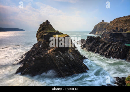 A sea stack at the Blue Lagoon in the Pembrokeshire Coast National Park. Stock Photo