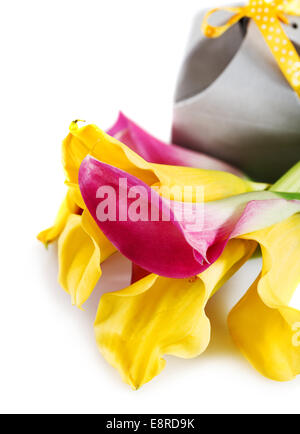 Bunch of yellow and pink cala lilies with present Stock Photo