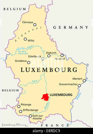 Luxembourg Political Map with capital Luxembourg, national borders, important cities, rivers and lake. English labeling. Stock Photo