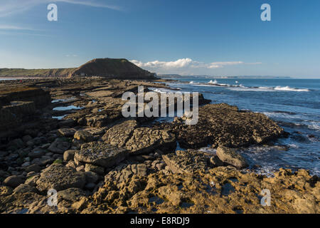 The view from Filey Brigg Northwards towards Scarborough at low tide. Stock Photo