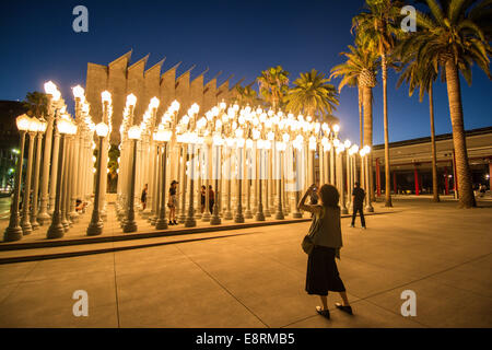 'Urban Light', an installation of 202 restored 1920's era cast iron streetlamps, located outside the Los Angeles County Museum o