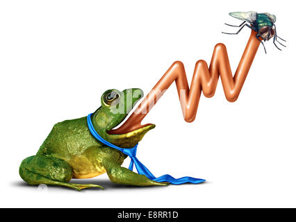 Business target and hitting the mark strategy concept as an anthropomorphic frog wearing a blue tie with a tongue shaped as an upward stock market chart catching a bug as a financial success metaphor on a white background. Stock Photo