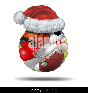 Sports Holiday gift  with a christmas santa claus hat on a sphere made with a group of sport equipment as football basketball hockey golf soccer bowling tennis badminton football baseball darts and boxing on a white background. Stock Photo