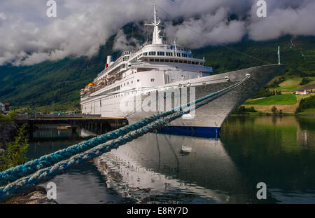 The Fred Olsen Line cruise ship Black Watch docked in the small Norweigian port of Olden