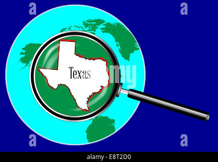 A magnifying glass over a globe and enlarging Texas Stock Photo