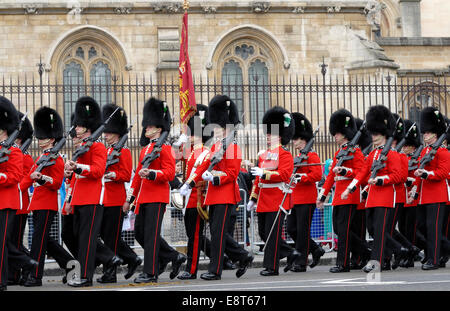 London, England, UK. State opening of Parliament 4th June 2014. The Welsh Guards marching past Parliament Stock Photo