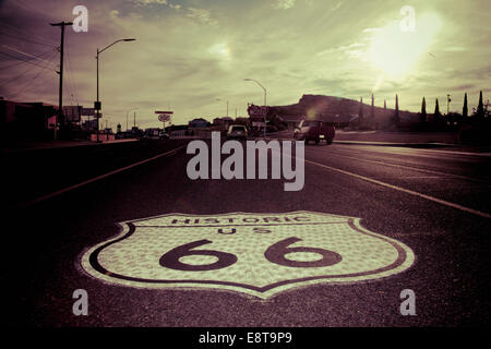 Historic Route 66 sign in pavement on road, Kingman, Arizona, United States Stock Photo