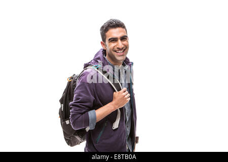 Indian student carrying backpack Stock Photo