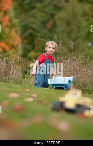 A blond two-year-old boy in denim overalls plays with toy trucks in his yard during autumn. Stock Photo