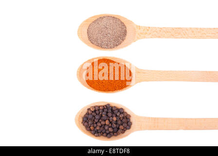 Spices on wooden spoons isolated on white background. Stock Photo