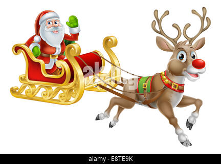 An illustration of Santa Claus riding in his Christmas Sleigh or Sled delivering presents with his red nosed reindeer Stock Photo