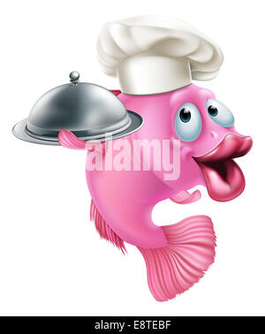 A cartoon chef fish mascot holding a tray or platter cloche, seafood character concept Stock Photo