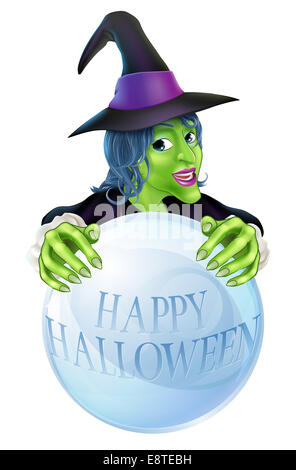 An illustration of a cartoon Halloween Witch and crystal ball reading Happy Halloween Stock Photo