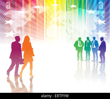 Man and a woman are coming up to a group of businessmen Stock Photo
