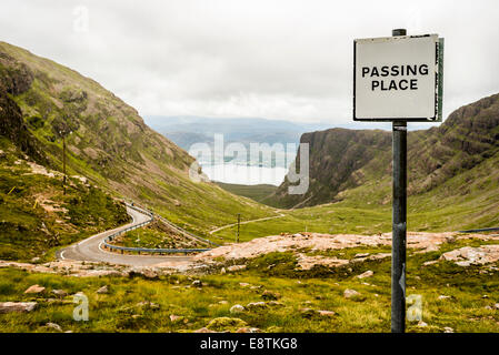 Sign on a narrow mountain road in Scottish Highlands with provision for PASSING PLACEs Stock Photo