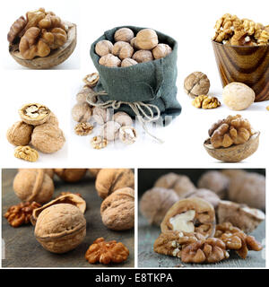 Set whole and chopped walnuts on wooden and white background Stock Photo