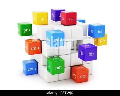 3d render of domain boxes isolated on white background. Global communication concept Stock Photo