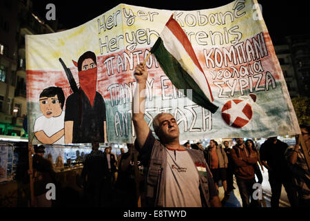 Thessaloniki, Greece. 14th October, 2014. Kurds living in Greece protest in Thessaloniki during pro-Kurd demonstration against attacks launched by Islamic State insurgents targeting the Syrian city of Kobane in Thessaloniki, Greece on Oct. 14, 2014. Credit:  Konstantinos Tsakalidis/Alamy Live News Stock Photo