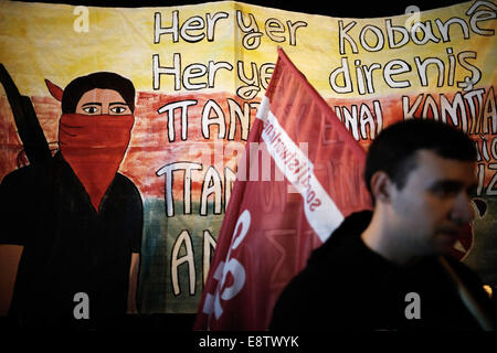 Thessaloniki, Greece. 14th October, 2014. Kurds living in Greece protest in Thessaloniki during pro-Kurd demonstration against attacks launched by Islamic State insurgents targeting the Syrian city of Kobane in Thessaloniki, Greece on Oct. 14, 2014. Credit:  Konstantinos Tsakalidis/Alamy Live News Stock Photo