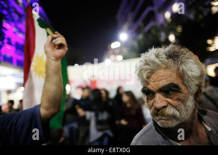 Thessaloniki, Greece. 14th October, 2014. Kurds living in Greece protest in Thessaloniki during pro-Kurd demonstration against attacks launched by Islamic State insurgents targeting the Syrian city of Kobane in Thessaloniki, Greece on Oct. 14, 2014. Credit:  Konstantinos Tsakalidis/Alamy Live News Stock Photo