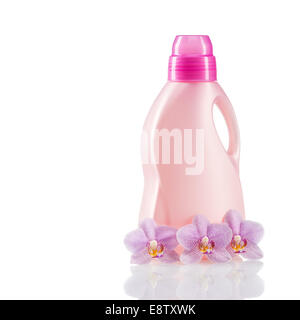 Plastic bottles of cleaning products and sponges . Isolated on white background Stock Photo