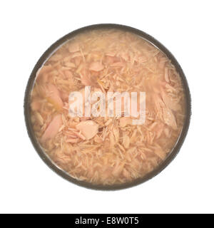 Top view of an opened can of generic tuna in water on a white background. Stock Photo