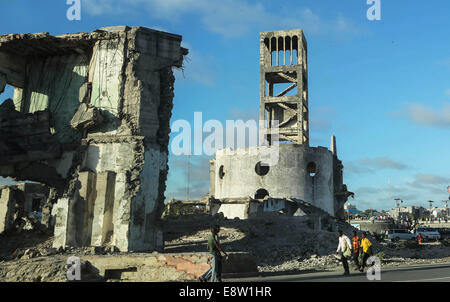 Nairobi. 10th Oct, 2014. Photo taken on Oct. 10, 2014 shows the ruined parliament building of Somalia in Mogadishu, capital of Somalia. As the security situation improves somewhat in this capital city, Mogadishu is expected to step into the rebuilding period after a two-decade-long civil war. © Zhang Chen/Xinhua/Alamy Live News Stock Photo