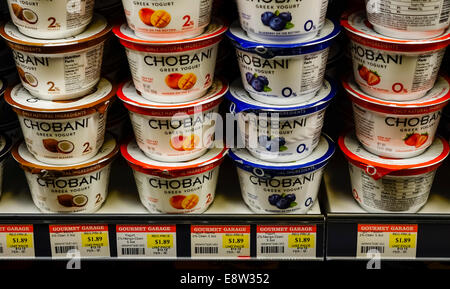 Greek yogurt on a supermarket shelf in New York City, USA Stock Photo