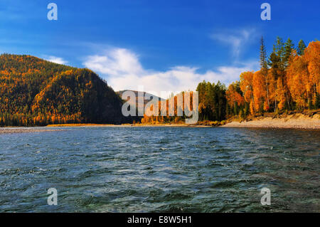 River riffle autumn day. Siberian taiga in September. Oka River Stock Photo