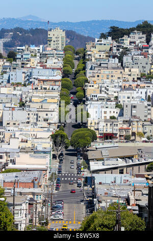 Telephoto view down Lombard Street, Russian Hill, San Francisco Stock Photo