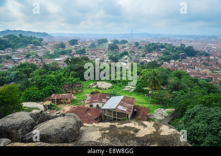 Aerial view of the city of Abeokuta, Ogun state (south-west), Nigeria, and its houses with rusty rooftops, taken from Olumo rock Stock Photo