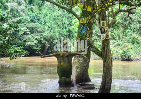 Sculpture and trees in the river at the Osun Sacred Grove, in Oshogbo, Nigeria, dedicated to the Yoruba goddess of fertility Stock Photo