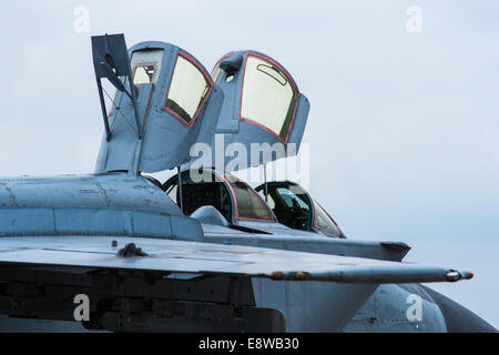 MiG-31 Cockpit. Photo of MiG-31 interceptor plane of Russian Air Force with canopy open at Moscow Aerospace Show, 2013 Stock Photo
