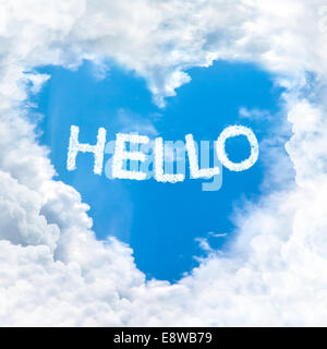 hello word on blue sky inside heart cloud form Stock Photo