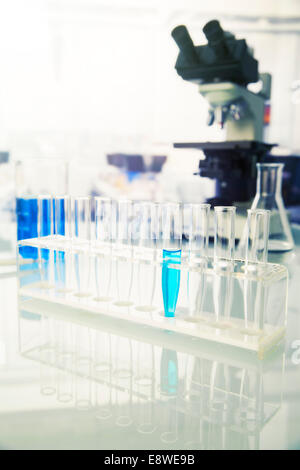 Rack of test tubes with solution in lab Stock Photo