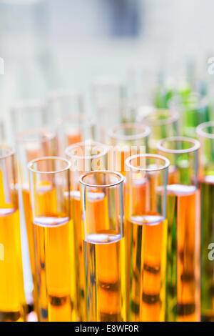 Close up of rack of test tubes with solution Stock Photo