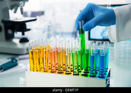 Scientist picking test tube out of rack on counter in lab Stock Photo