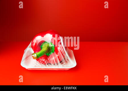 Close up of bell pepper shrink wrapped in plastic Stock Photo
