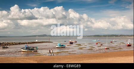 UK, England, Lancashire, Morecambe, boats in sheltered mooring at edge of Morecambe Bay Panoramic Stock Photo